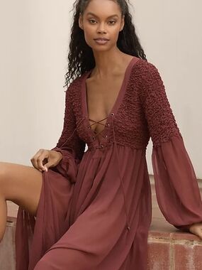 Anthropologie Brown Textured-Bodice Long Sleeve Midi Dress